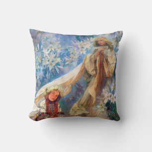 Madonna of the Lily, Mucha Throw Pillow