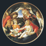 Madonna of the Magnificat Classic Round Sticker<br><div class="desc">Madonna of the Pomegranate is a painting by the Italian Renaissance master Sandro Botticelli, 1487 FLorence Italy .tempera on panel.This work portrays the Virgin Mary crowned by two angels. The Child Jesus is keeping in a hand the pomegranate,  symbol of the Resurrection.</div>