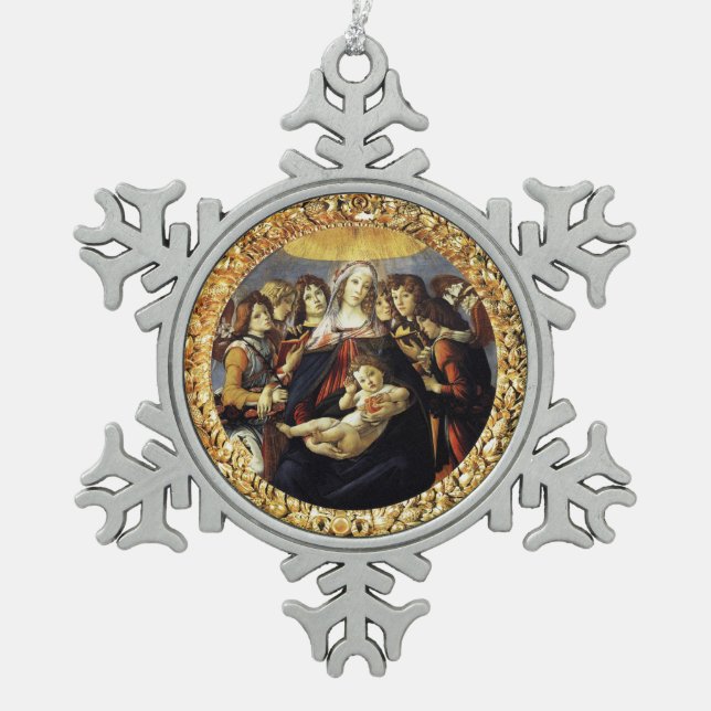 Madonna of the Pomegranate Snowflake Pewter Christmas Ornament (Front)