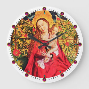 MADONNA OF THE ROSE BOWER,PINK FUCHSIA GEMS, White Large Clock