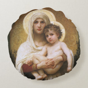 Madonna of the Roses by Bouguereau Round Pillow