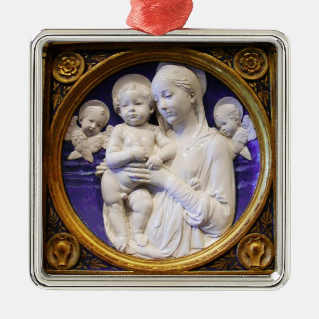 MADONNA WITH CHILD AND ANGELS Round Blue Sapphire Metal Ornament (Front)