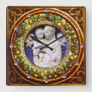 MADONNA WITH CHILD,ANGELS FLORAL RENAISSANCE CROWN SQUARE WALL CLOCK