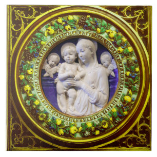 MADONNA WITH CHILD,ANGELS RENAISSANCE FLORAL CROWN TILE