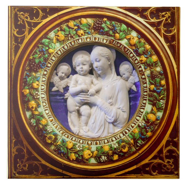 MADONNA WITH CHILD,ANGELS RENAISSANCE FLORAL CROWN TILE (Front)