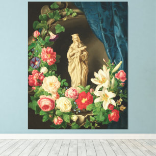 Madonna with child in a floral tendrils of roses canvas print