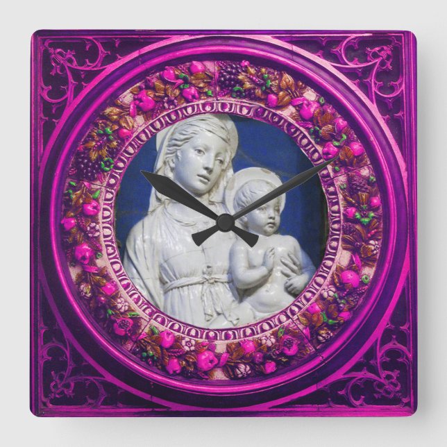 MADONNA WITH CHILD PINK FLORAL RENAISSANCE CROWN SQUARE WALL CLOCK (Front)