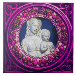 MADONNA WITH CHILD,PINK RENAISSANCE FLORAL CROWN TILE