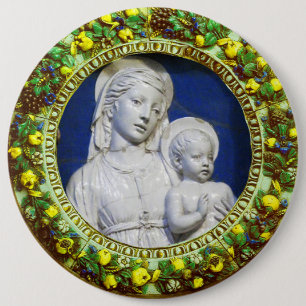 MADONNA WITH CHILD RENAISSANCE FLORAL CROWN 6 INCH ROUND BUTTON