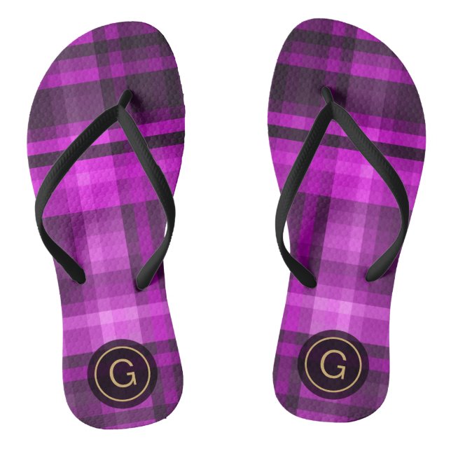 Madras Hot Pink Girly Pattern Custom Monogram Flip Flops (Footbed)