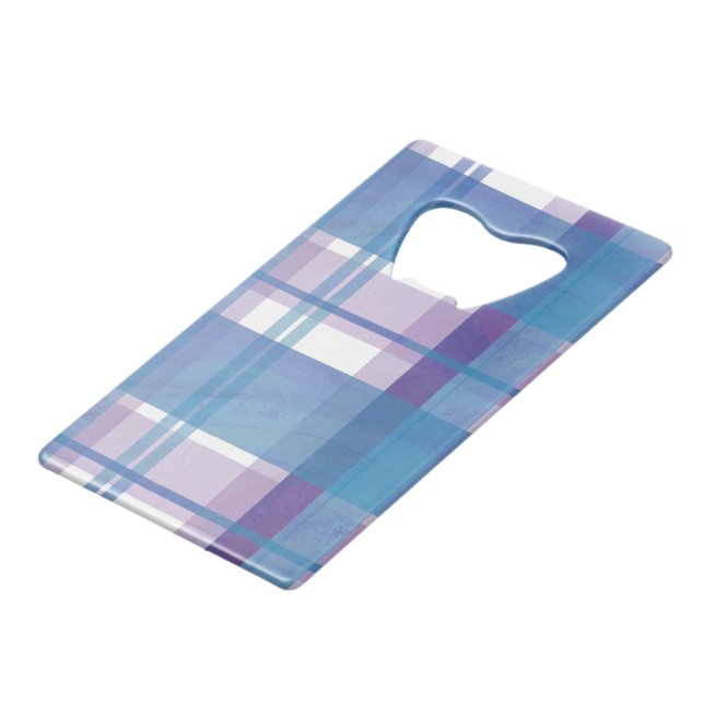 Madras Plaid Blue and Purple Credit Card Bottle Opener (Back Angled)