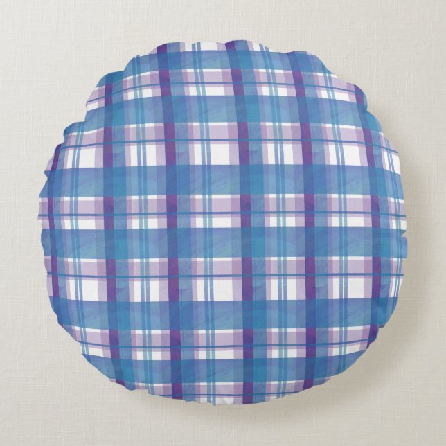 Madras Plaid Blue and Purple Round Pillow (Front)
