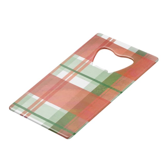 Madras Plaid Christmas Credit Card Bottle Opener (Front Angled)