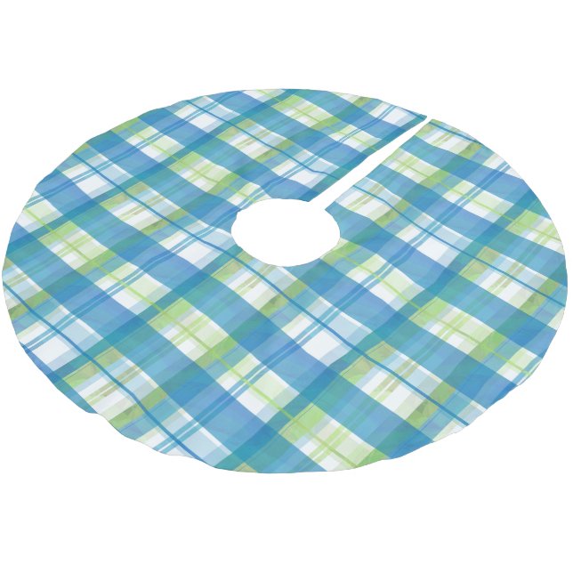 Madras Plaid Green and Blue Brushed Polyester Tree Skirt (Angled)