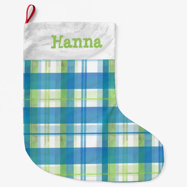 Madras Plaid Green and Blue Large Christmas Stocking (Front)
