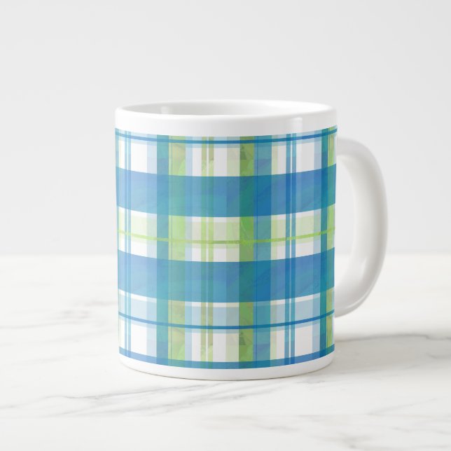 Madras Plaid Green and Blue Large Coffee Mug (Front Right)