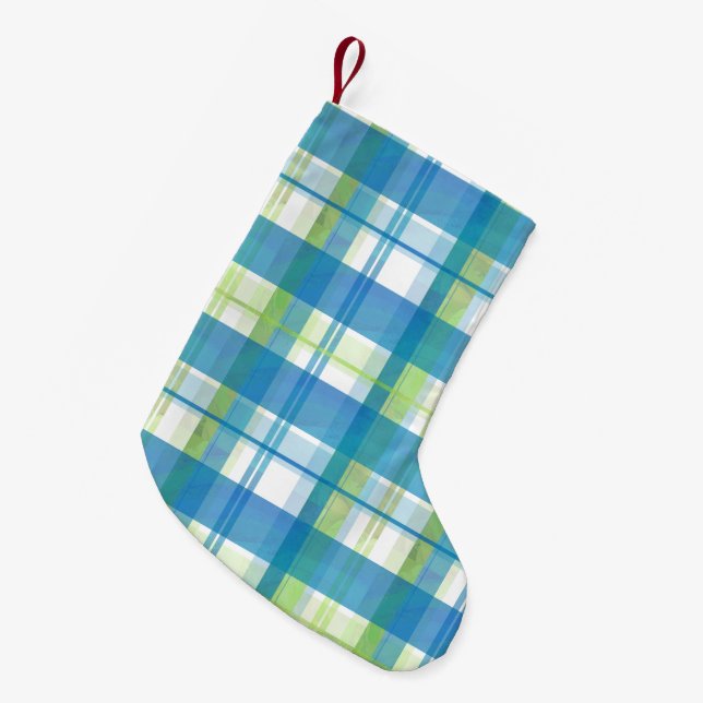 Madras Plaid Green and Blue Small Christmas Stocking (Front (Hanging))