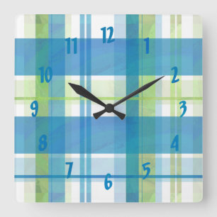 Madras Plaid Green and Blue Square Wall Clock