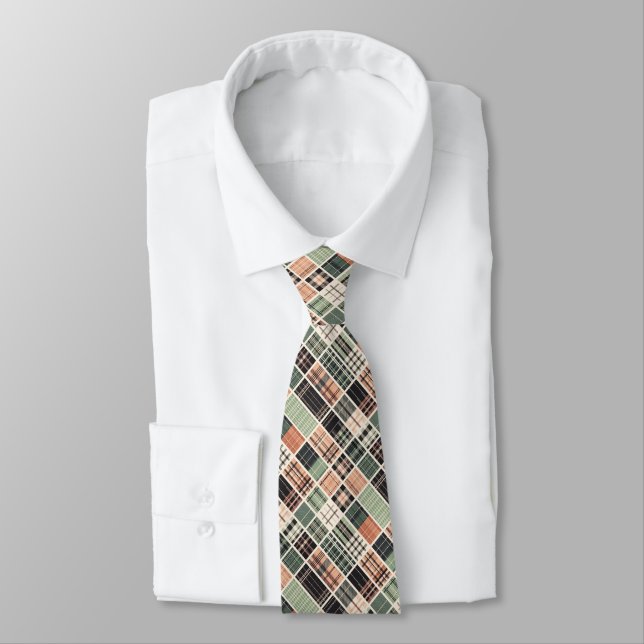 Madras Plaid Tiles – Peach, Olive & Cream Tie (Tied)