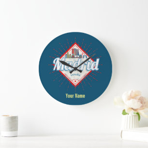 Madrid Capital Spain Retro Skyline Vintage Large Clock