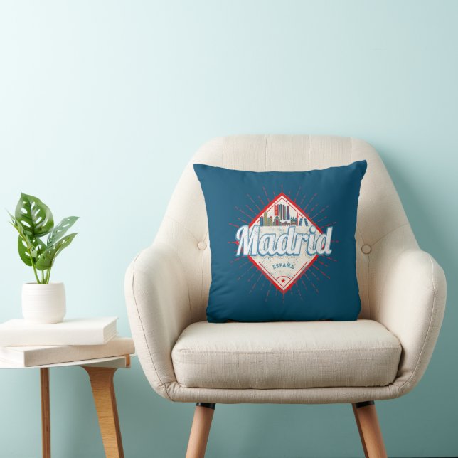 Madrid Capital Spain Retro Skyline Vintage Throw Pillow (Chair)