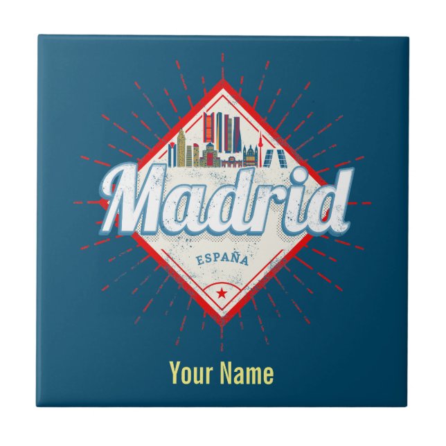Madrid Capital Spain Retro Skyline Vintage Tile (Front)