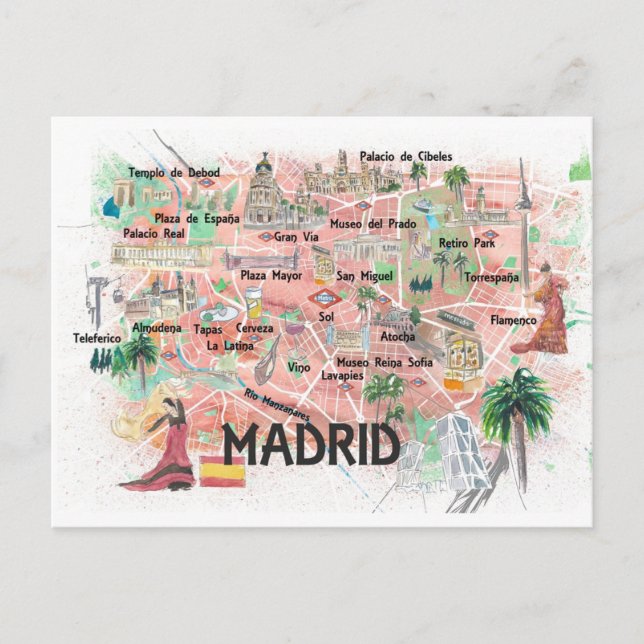 Madrid Espagne Carte de Voyage Illustrée avec Rout (Devant)