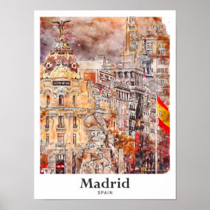 Madrid Spain Art Travel Watercolor Hand Drawn Poster
