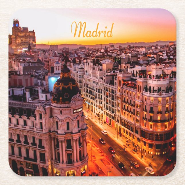 Madrid Spain Capitol City Skyline Square Paper Coaster (Front)