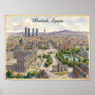 Madrid Spain Cityscape View Watercolor Painting Poster