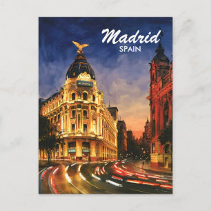 Madrid Spain Gran Via Night Watercolor Cityscape Postcard