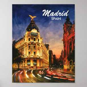Madrid Spain Gran Via Night Watercolor Cityscape Poster
