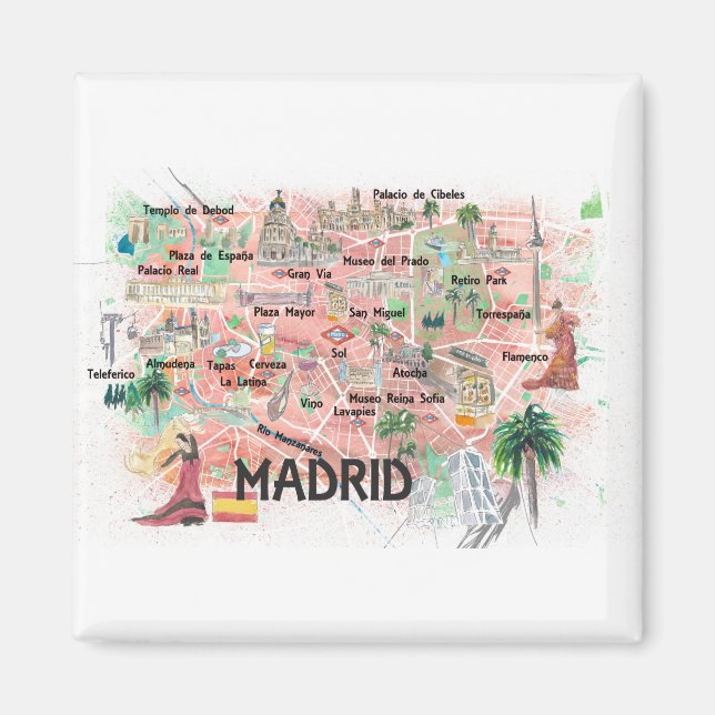 Madrid Spain Illustrated Map with Main Roads Magnet (Front)