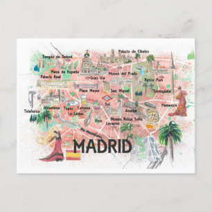 Madrid Spain Illustrated Travel Map with Roads Postcard