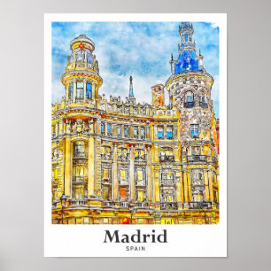Madrid Spain Travel Watercolor Hand Drawn Poster