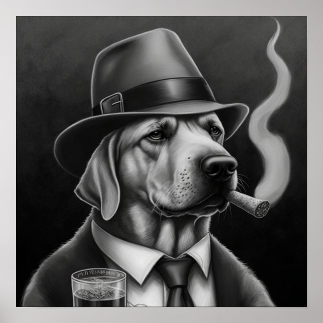 Mafia Dog in Grayscale with a Top Hat and Cigar Poster (Front)