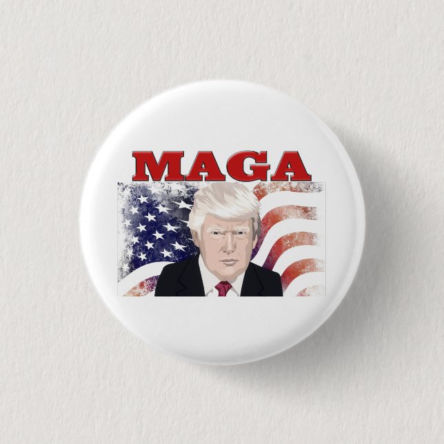 MAGA American Flag Trump red text 1 Inch Round Button (Front)