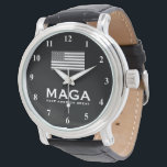 MAGA Trump watch with US flag and black dial<br><div class="desc">MAGA Trump watch with US flag and black dial. Black leather strap wrist watch for men with vintage greyed out flag. Support the republican party campaign. Patriotic design with American flag. Keep America Great. Make America Great Again. Personalize with your own text optionally.</div>