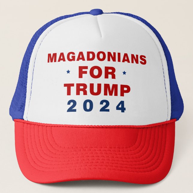 Magadonians For Trump 2024 Red Blue Trucker Hat (Front)