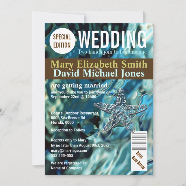 Magazine cover | blue beach wedding starfish  invitation (Front)