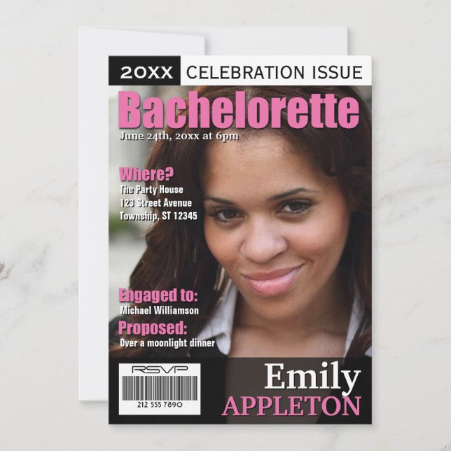 Magazine Cover Fuchsia Bachelorette Invitations (Front)