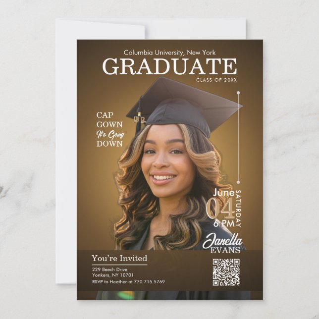 Magazine Cover Graduation Cap Gown Gold Invitation (Front)