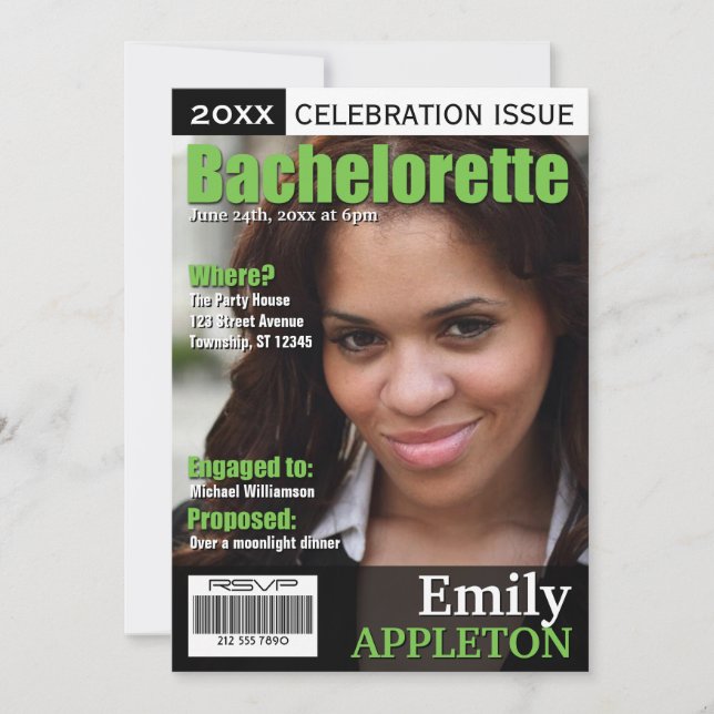 Magazine Cover Green Bachelorette Invitations (Front)