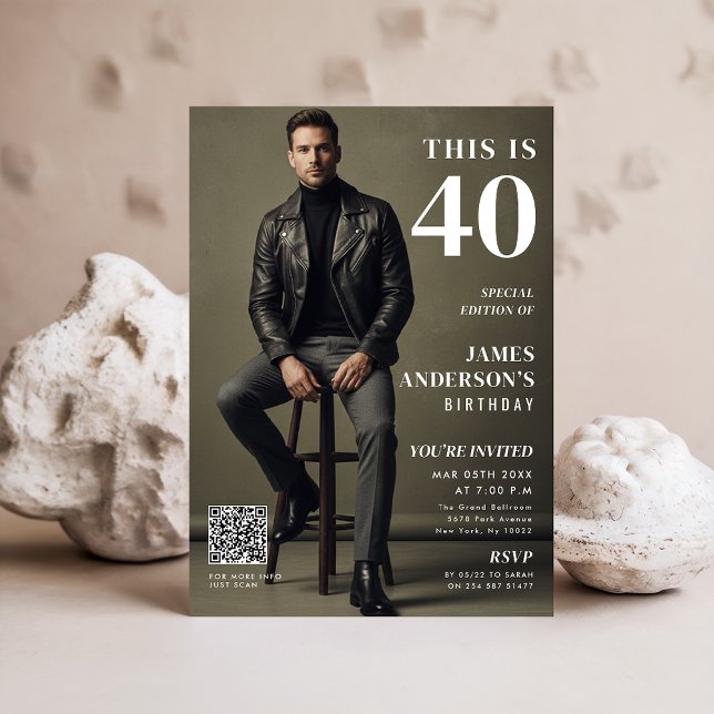 Magazine Cover Photo Mens 40th Birthday QR Code Invitation (Creator Uploaded)
