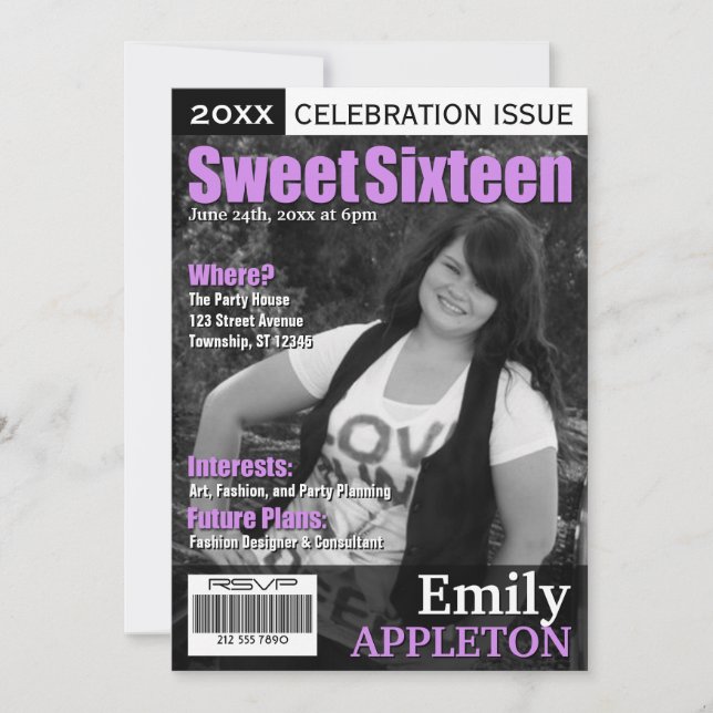 Magazine Cover Purple Sweet Sixteen Invitations (Front)
