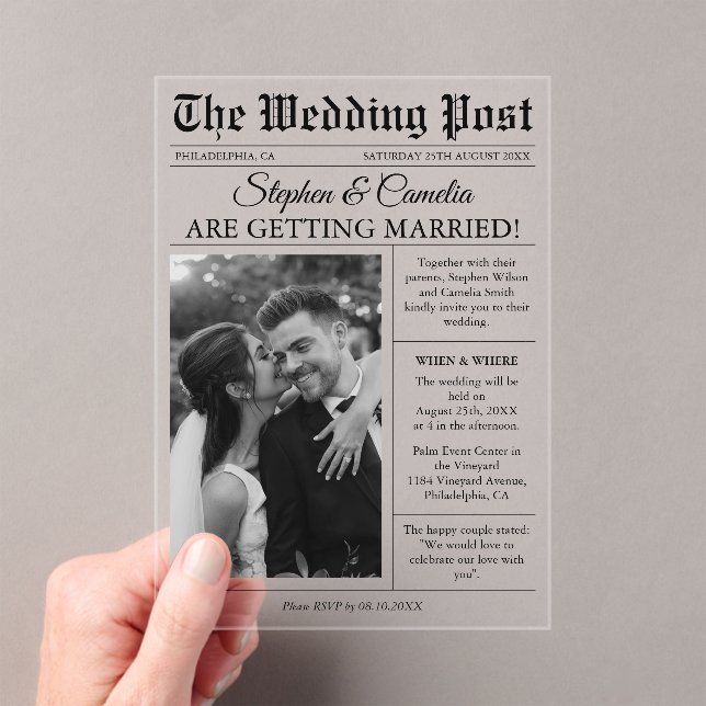 Magazine Editorial Newspaper Wedding Photo Acrylic Invitations (Insitu (Handheld))