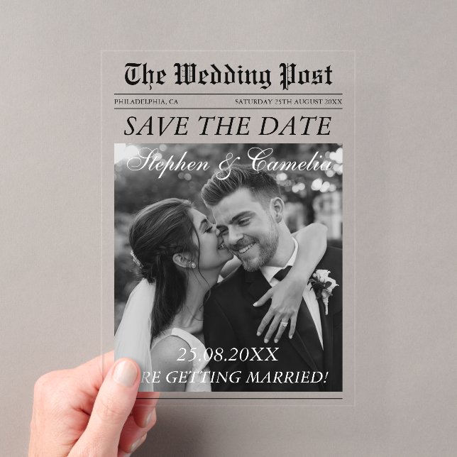 Magazine Editorial Newspaper Wedding Save the Date Acrylic Invitations (Insitu (Handheld))