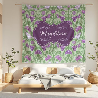 Magdalena Thistle and Birds Art Nouveau Floral Fleece Blanket
