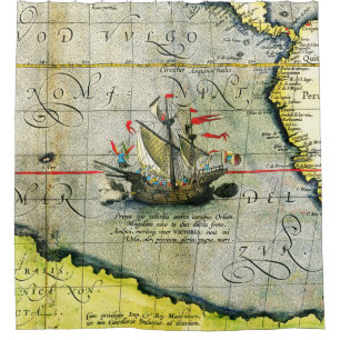 Magellans ship Victoria, Antique Map Pacific Ocean