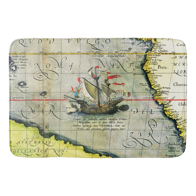 Magellans ship Victoria, Antique Map Pacific Ocean Bath Mat (Front)